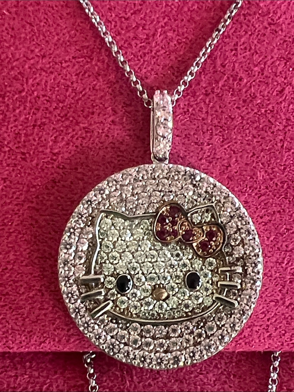 HELLO KITTY for DIAMONIQUE - Crystal Round Pendant Necklace - Pink and Silver